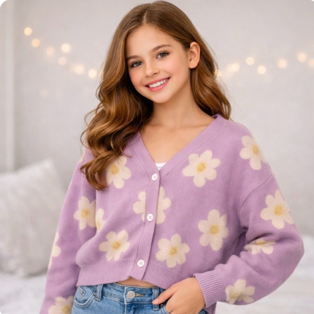 Youth Size 16 Lavender Daisy Cardigan Crop Sweater Girls. Size 16 Youth
